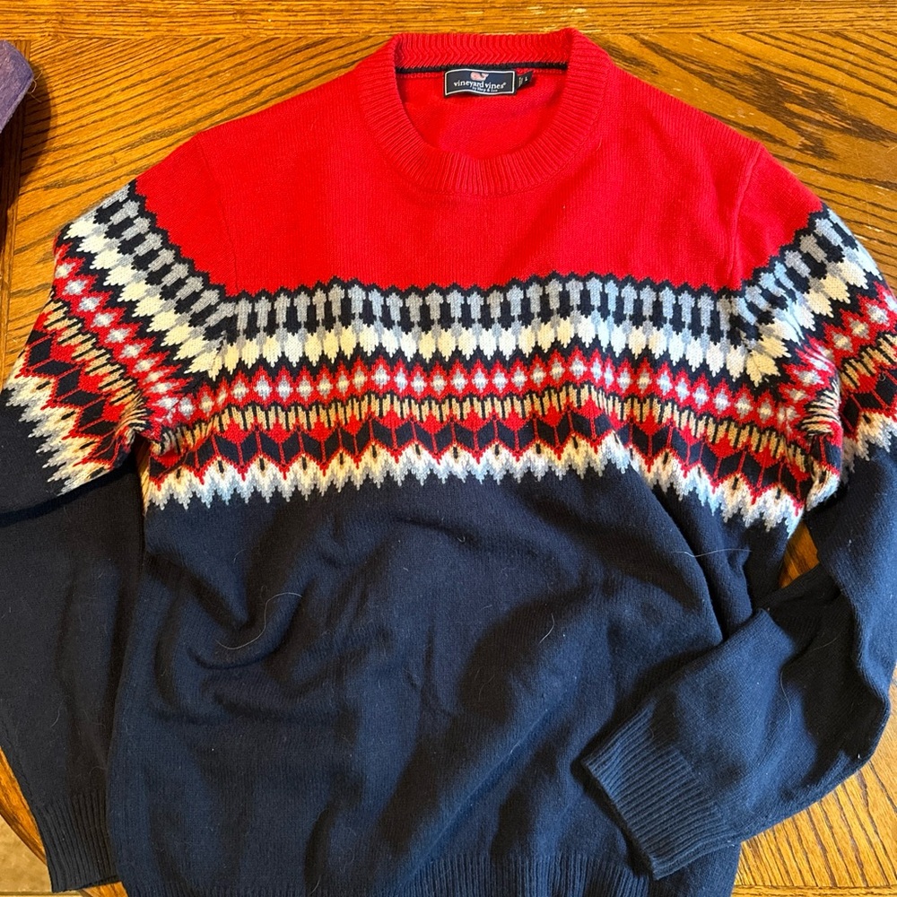 Vineyard Vines Mens Fair Isle Crew Sweater L Blue Nautical Red Pullover Great
